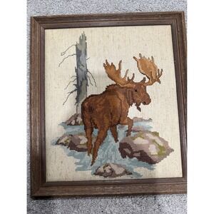 Vtg Framed Cross Stitch Moose Art Nature Rustic Home Decor 1981 13" by 14 1/2"